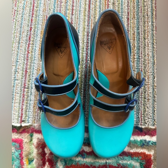 Fluevog LIKE NEW KKBB Liz turquoise/navy double strap MJ heel - 8.5 (fits 8) - Picture 10 of 16